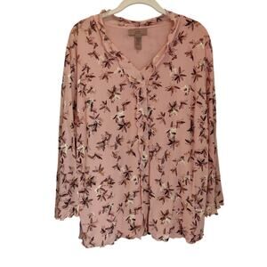 i.e. Woman Plus Sz 1X Pink Mesh Ruffle Trim Top Botanical Print V Neckline